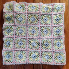 Vintage Handmade Crochet Baby Crib Blanket Multi Pastel Granny Square Soft 40"