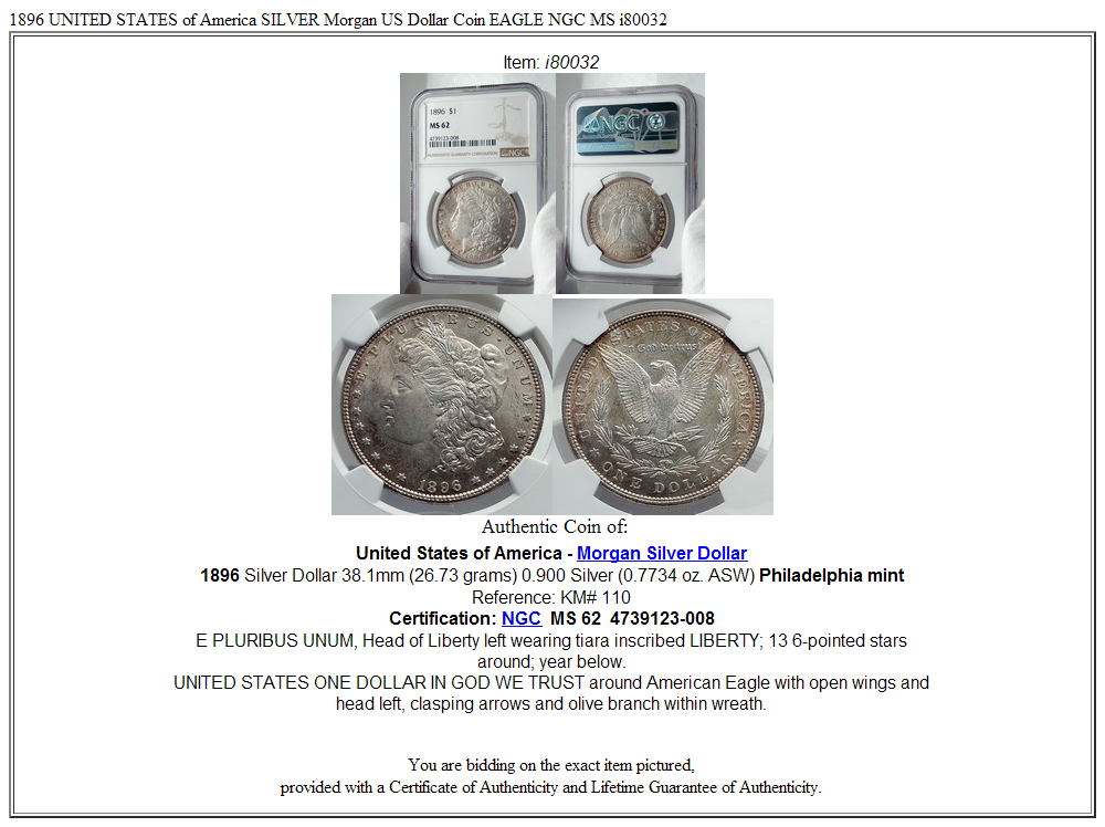 1896 UNITED STATES of America SILVER Morgan US Dollar Coin EAGLE