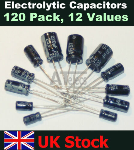 Promieniowe kondensatory elektrolityczne 120-pak, po 10 każdy 12 wartości Zestaw / asortyment / mieszanka UK - Zdjęcie 1 z 2