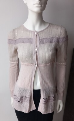 JUST CAVALLI Strickjacke 32/34 beige rosenholz Wolle Spitze Ajourmuster Langarm