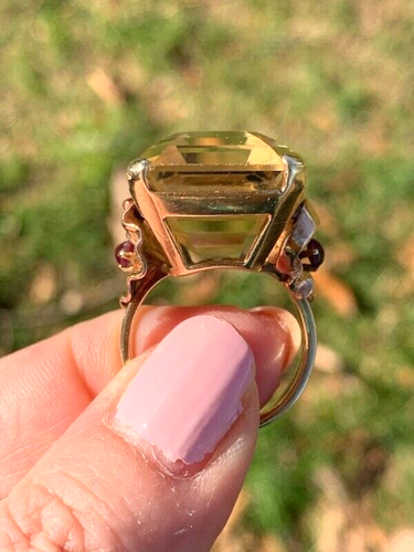 VINTAGE 14K YELLOW & ROSE GOLD HUGE EMERALD CUT CITRINE RUBY BOW RING STATEMENT - 第 13/24 張圖片