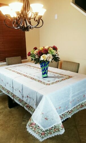 54x72" Embroidery Sheer Handmade Rhinestone Jeweled Organza Cutwork Tablecloth - Picture 2 of 6
