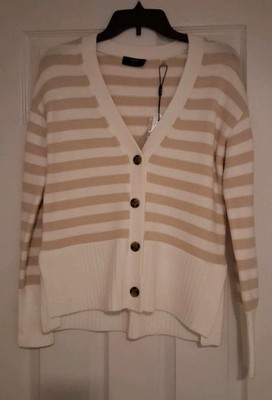 ''Tahari'' Womens Knit Sweater, Size Xs, White Ivory Striped, Button Accents