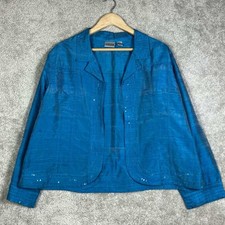 Chicos Blue 100 Silk Sequin Embroidered Open Front Blazer Jacket Womens Size 3