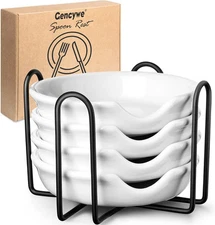 4 Pack Ceramic Spoon Rest with Metal Holder, Gencywe 4.8 inch White 