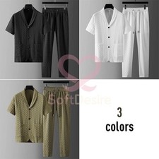 Men's Cotton Linen Walking Suit Summer Short Sleeve Casual Shirt  Pants Set NEW