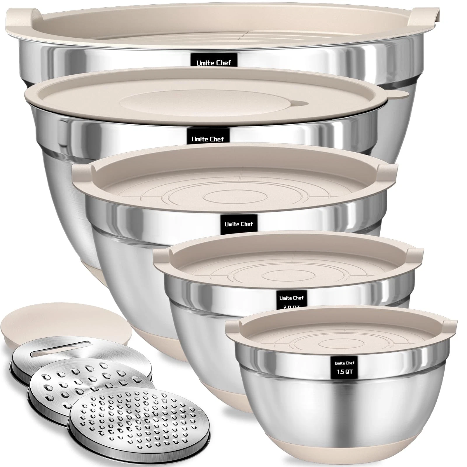 Umite Chef Mixing Bowls with Airtight Lids Set, 5, 4, 3.5, 2, 1.5QT, Khaki