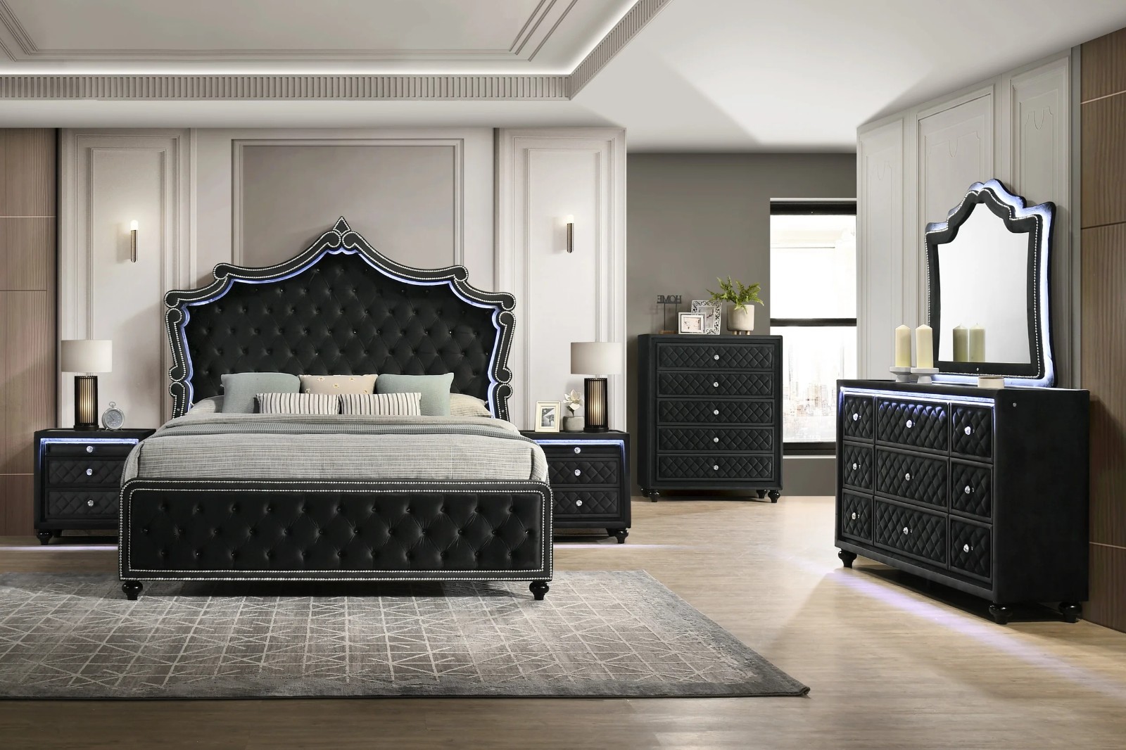 NEW LED Black Queen King 5PC Velvet Bedroom Set Modern Furniture Bed/D/M/N/C