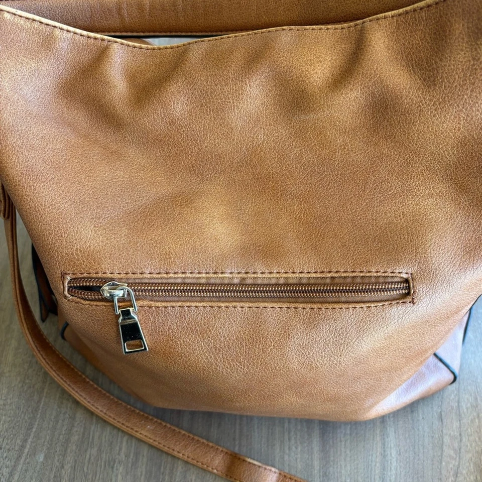 Boho Realer коричневый большой верхний молнии кожаная сумка с короткими ручками наплечная сумка - Изображение 4 из 4