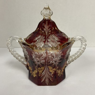 antique 1910's eapg bohemian style ruby and gold sugar bowl and cover