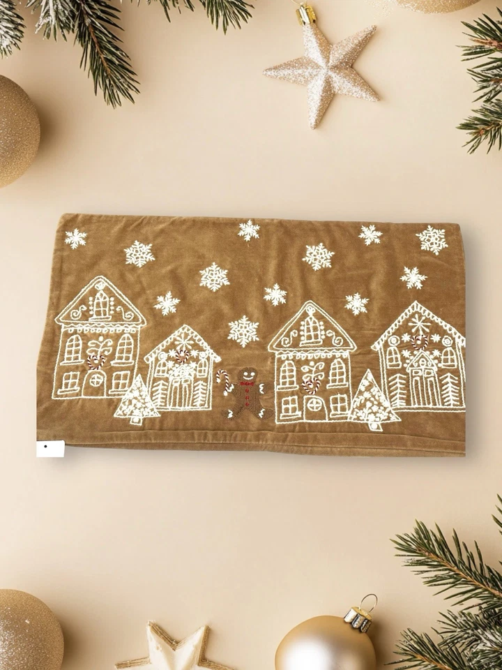 Pottery Barn Gingerbread Village Embroidered Velvet Lumbar Pillow Cover - Image 3 of 4