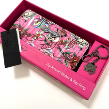 Ed Hardy Pink Tattoo Skull Rose Zip Around Wallet Wristlet Purse NWT  Key Ring