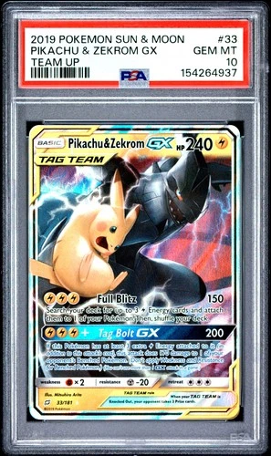 2019 POKEMON SUN & MOON TEAM UP #33 PIKACHU & ZEKROM GX PSA 10