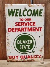 VINTAGE QUAKER STATE OIL PORCELAIN ENAMEL METAL GAS OIL SIGN SIZE 6" x 4"