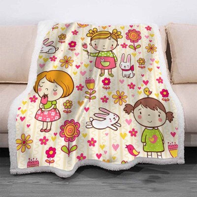Great Sweet Girl And Pet Rabbit 3D Warm Plush Fleece Blanket Picnic Sofa Couch