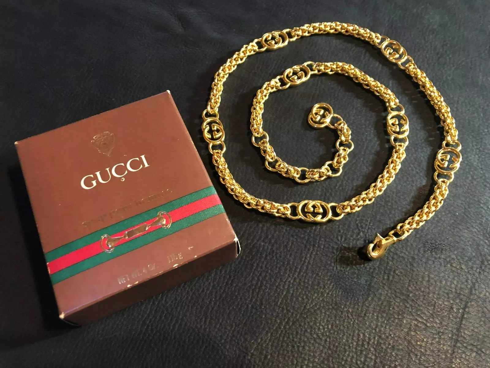 Chaîne CEINTURE GUCCI AUTHENTIQUE marque logo vintage rare or GG collier ANCIEN GUCCI F/S G75