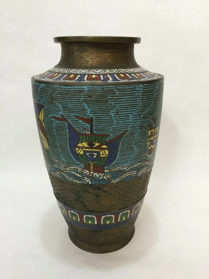Jarrón vintage japonés de bronce esmaltado Cloisonne, 12" de alto x 7" de ancho Foto 2 de 4