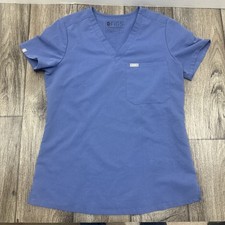 FIGS Technical Collection Scrub Top Single Pocket V-Neck Short Sleeve Blue XS