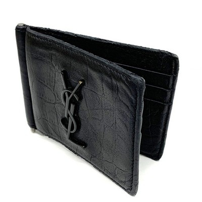 Yves Saint Laurent Logo Money Clip Bifold Wallet Black Leather
