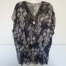 Chiffon Black Ivory Blouson Top or Coverup w/ Bronze Detail Size XL Bohemian