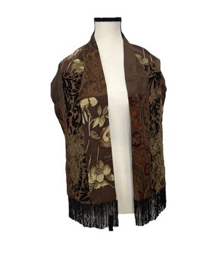 Vtg Susan Daniels Velvet Black  Brown Tan Patchwork Scarf Floral 58 x 10 