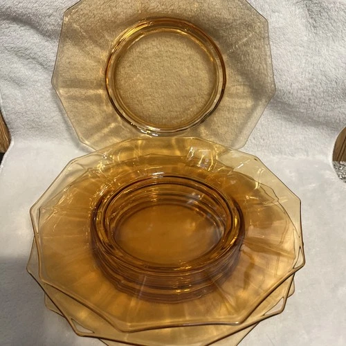 4 Cambridge Glass Amber Decagon footed plates, 8.25"D, Elegant Depression Glass