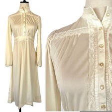 Vintage 70's Cream Lace Midi Dress Bow Tie Waist Polyester Ribbon