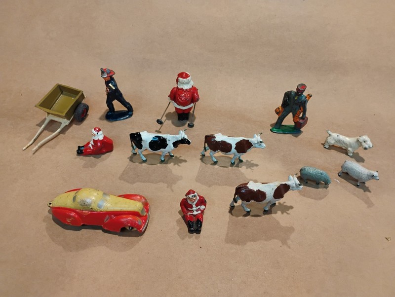 Assorted Cast Figurines. Santas, Farm Animals. Cart, Car(car is plastic) (223)