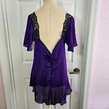 Shirley Of Hollywood Vtg One Size Purple Black Nightgown Nightie Lace Lingerie
