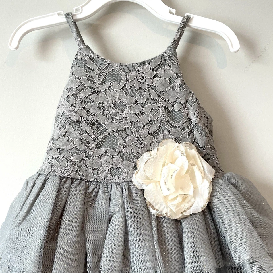 NEW Pink & Violet Size 3 Mesh Sleeveless Dress Girls Lace 3-Tiered  Gray Flower - Image 2 of 4