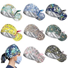 8 PCS Satin Lined Scrub Caps Womens Surgical Adjustable Ponytail Button Pouch