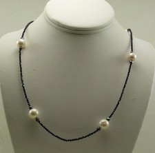 Freshwater White Pearl, Black Spinel and Hematite Necklace with Silver Clasp 38"