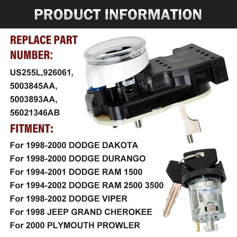 For Dodge Ram 1500 2500 1994-2001 Ignition Switch Lock Cylinder Assembly New - Image 2 of 4