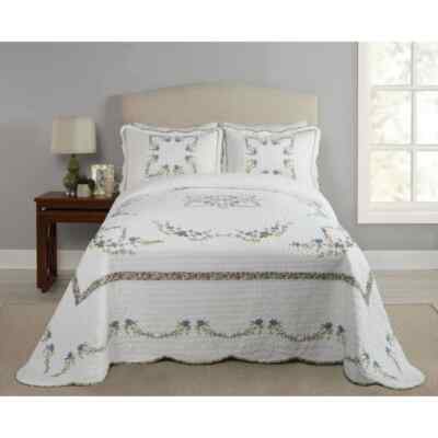 Full/Queen Heather Embroidered Quilt Bedspread + Std Shams -96 wide x 110 long