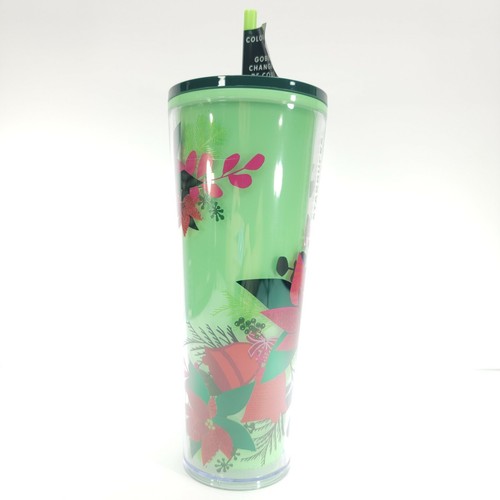 Bicchiere Venti Starbucks Natale 2021 Poinsettia Verde 24 Oz NUOVO CAMBIA COLORE - Foto 5 di 8
