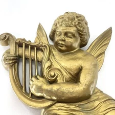 Vintage Baroque  Rococo Cherub Angel w/ Lyre Harp Gold Wall Art Plaque Dart Ind.
