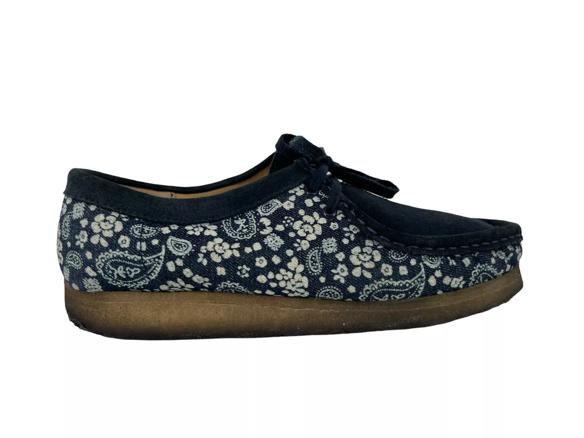 Clarks Wallabees Blue Paisley Print Denim Suede Crepe Sole Loafers Womens 9