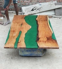 Natural Wood Green Epoxy Table Top Handmade Resin River Counter top Bar Tables