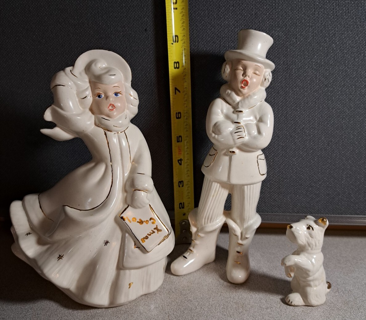 Vintage Ceramic Christmas Carolers Figurines White with Gold Trim