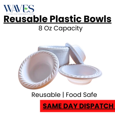 WAVES White Plastic Bowls Reusable Disposable Heavy Duty 8 Oz Microwave Safe