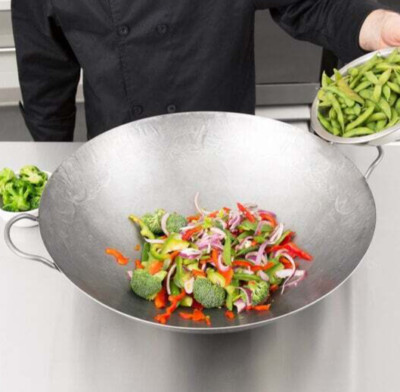 20'' Heavy Duty Cantonese Wok Hand Hammered Carbon Steel Round Stir Fry Pan NEW