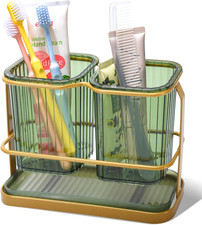Green Toothbrush Holders for Bathrooms, 2 Cups Toothbrush Holders Wall Mounted,