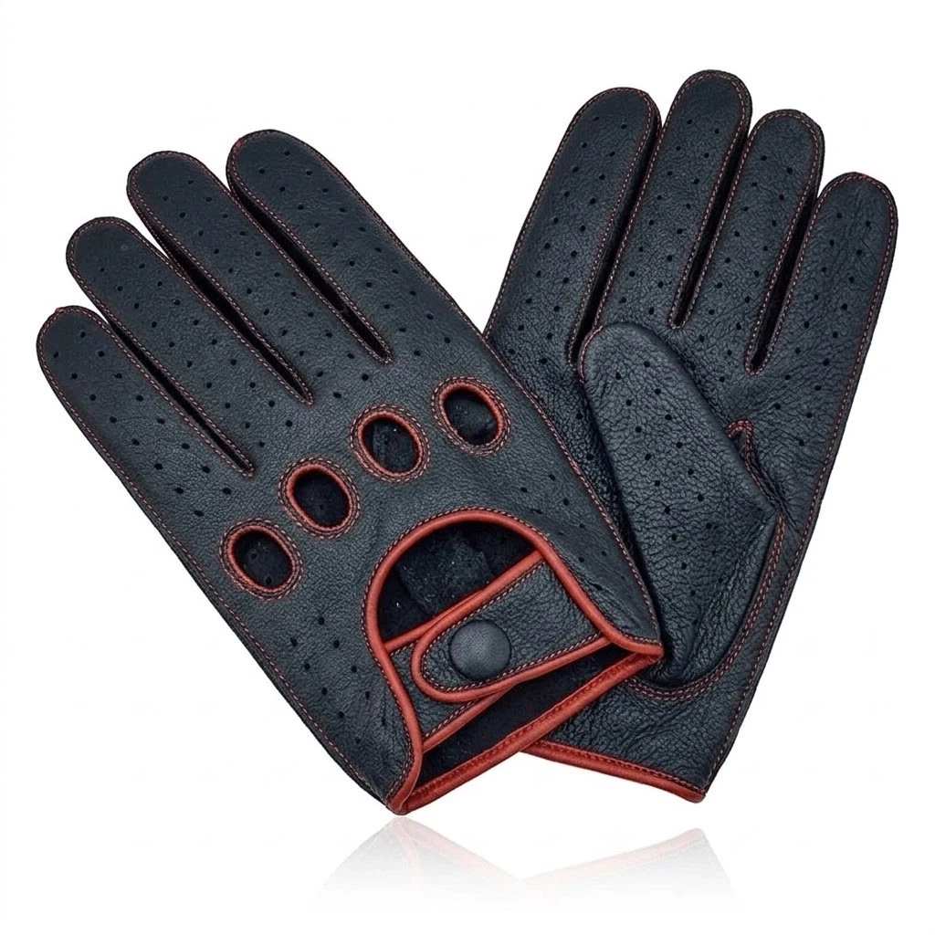 Reverse Stitched Leather Driving Gloves - Black/Red Thread