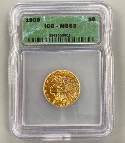 1909 US $5 Gold Indian Coin ICG MS63  L24500