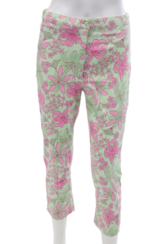 Lilly Pulitzer Womens Capri Pants Floral Green Cotton Button 23in Inseam Size 4