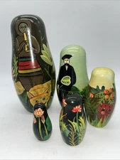 Asian Theme Matryoshka Wood Nesting Dolls Folk Art Hand Painted Garden 5 Pc