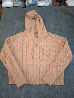 Hem & Thread Women s Large Cable Knit Full Zip Hoodie Sweater Tan Boho Cozy L