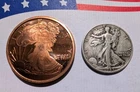 1943 Walking Liberty Half Dollar 90% Silver, Plus Modern Copper Round 1oz .999