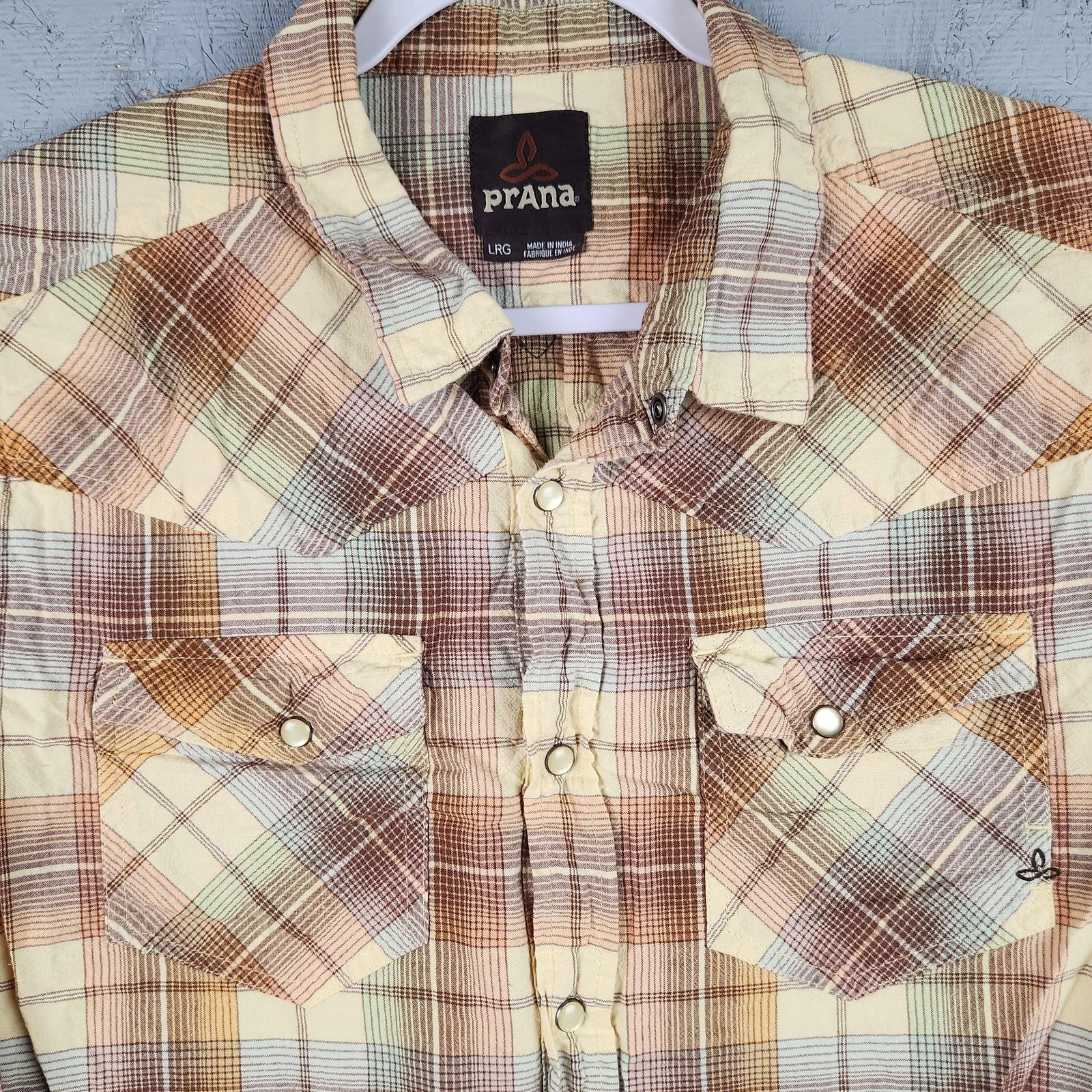 Prana Shirt Mens Large Plaid Organic Cotton Western Pearl Snap Camp Hiking Logo