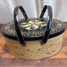 Vintage Oval Handled Metal Sewing Basket Biscuit Cookie Tin Canister Black 11"